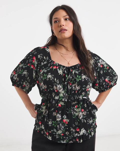 Black Floral Crinkle Blouse