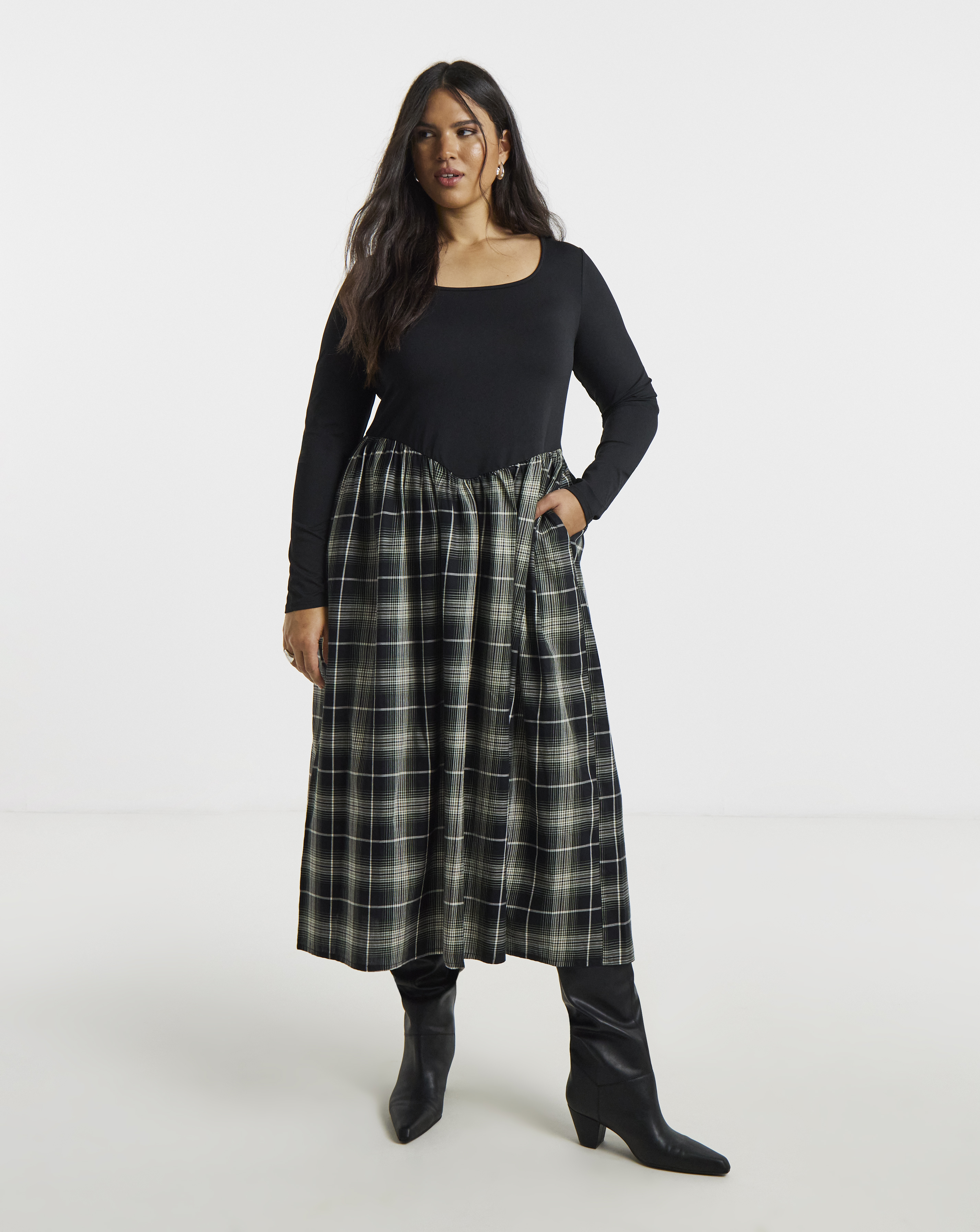 Jersey Woven Mix Check Midi Dress
