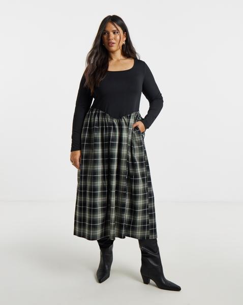 Jersey Woven Mix Check Midi Dress