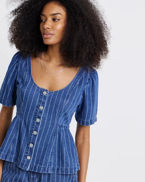 Simply Be Blue Denim Peplum Stripe Top
