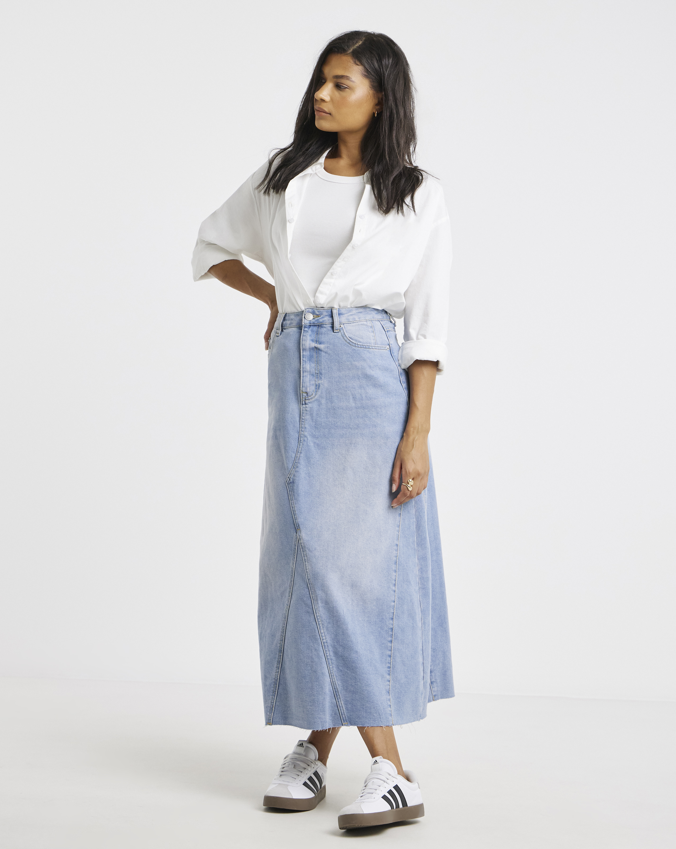 Pink Tint Denim Full Maxi Skirt
