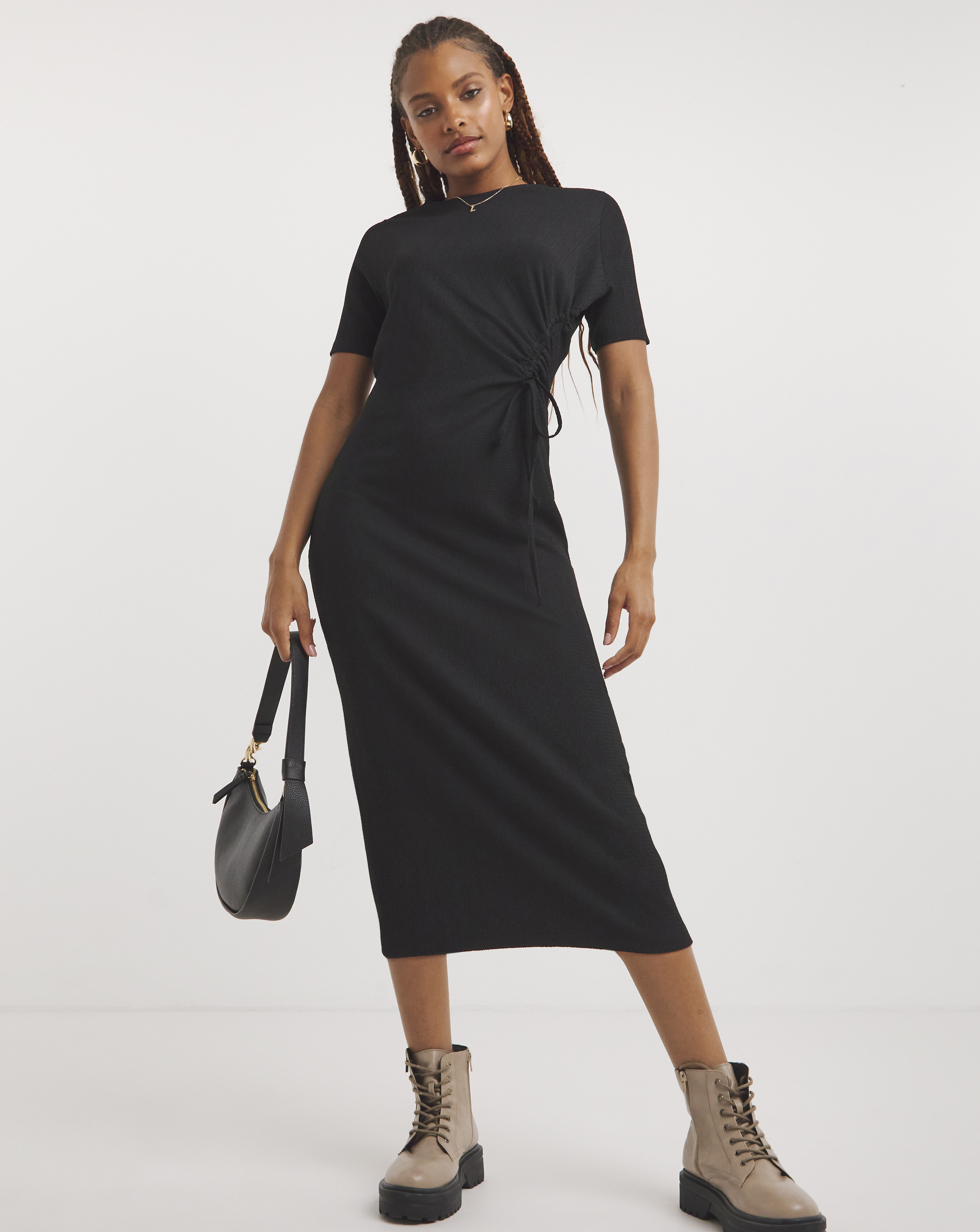 Simply Be - Women's Black Ruched Front Waffle Midi Dress - Size 22 - Black - 99% Polyester 1% Elastane