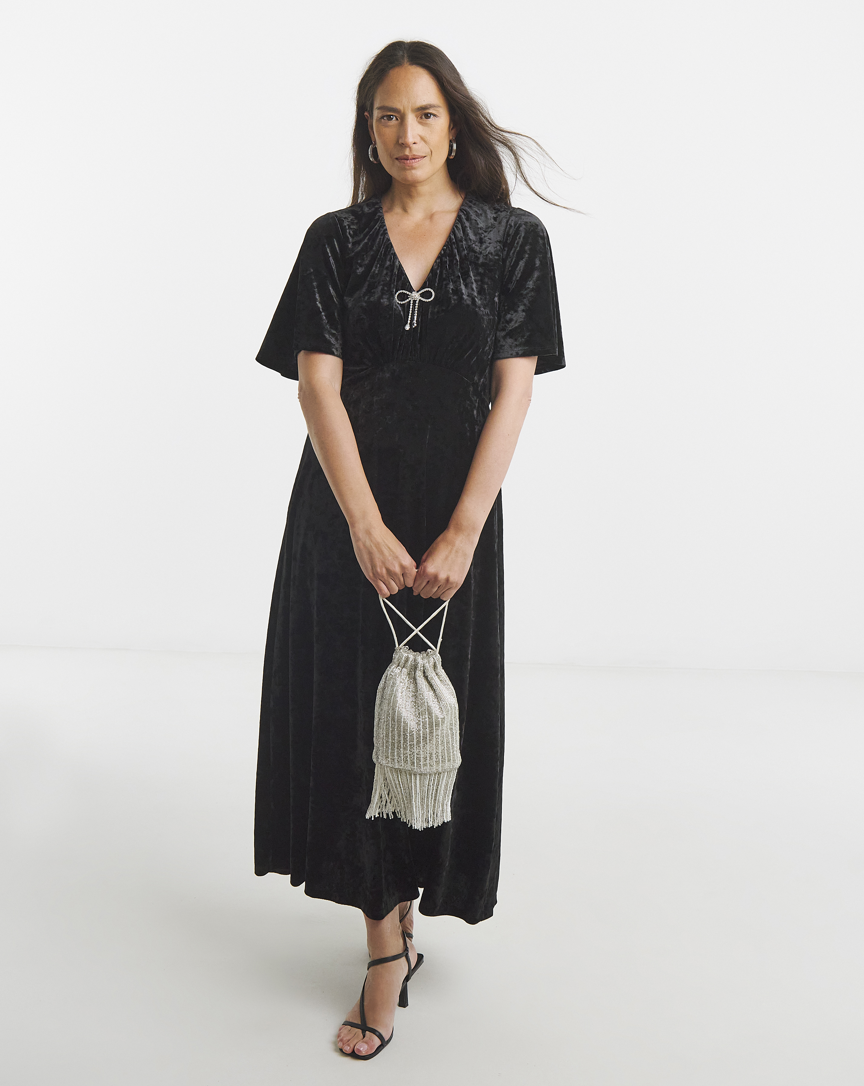 V-Neck Bow Crushed Velvet Dress