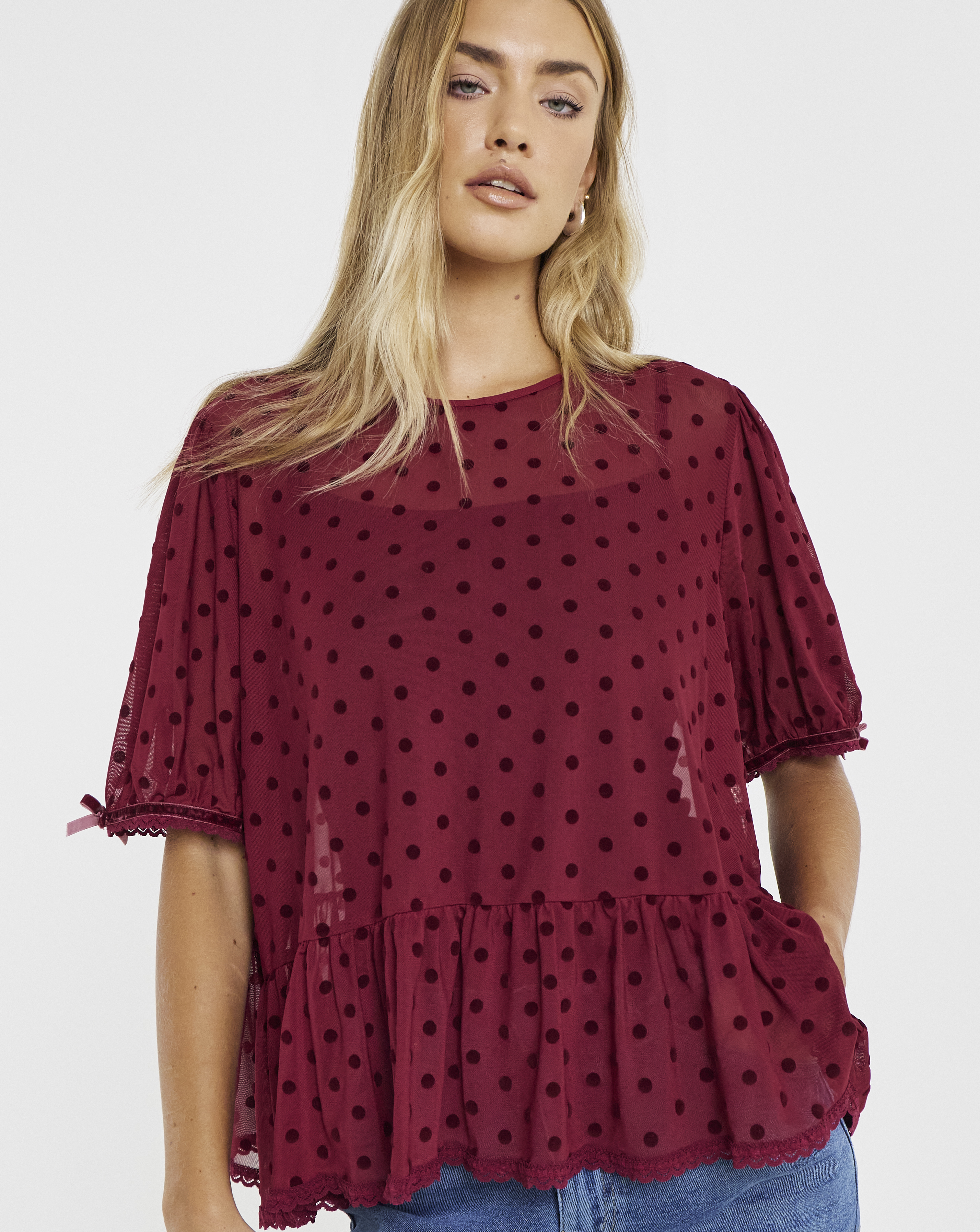 Lace Mesh Puff Sleeve Top