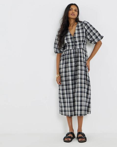 Mono Check Midi Dress With Pockets - Image