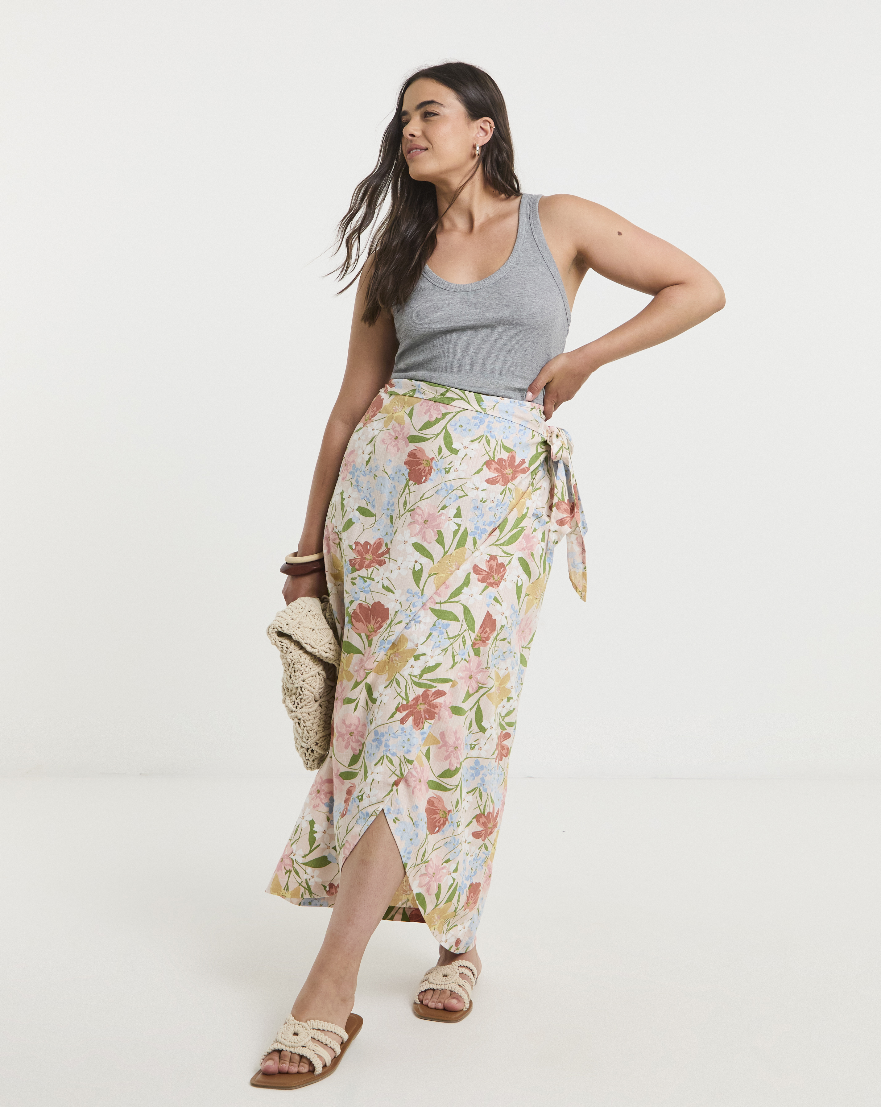 Linen Blend Wrap Midaxi Skirt