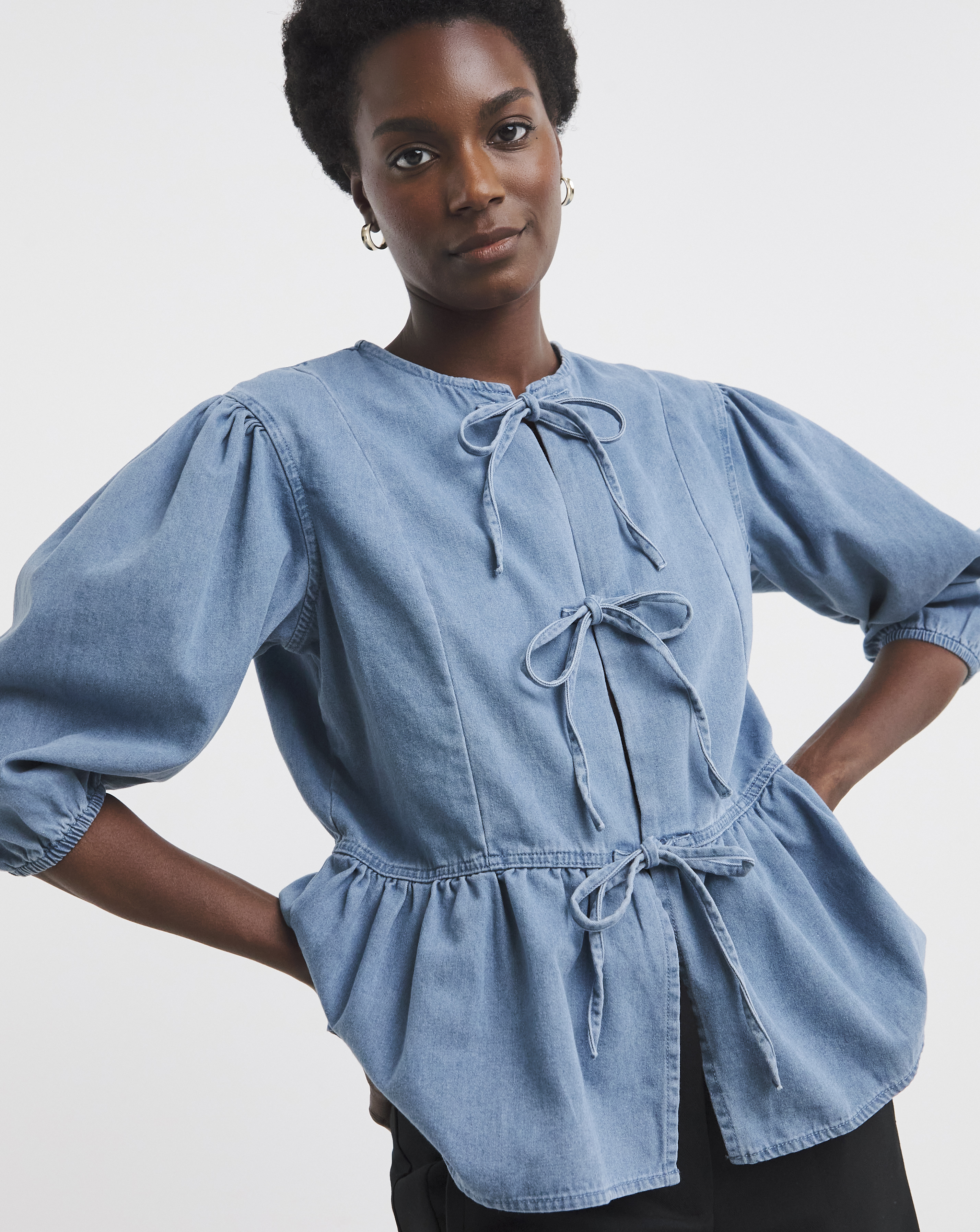 Light blue Peplum Puff Sleeve Top