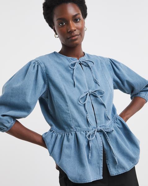 Light blue Peplum Puff Sleeve Top