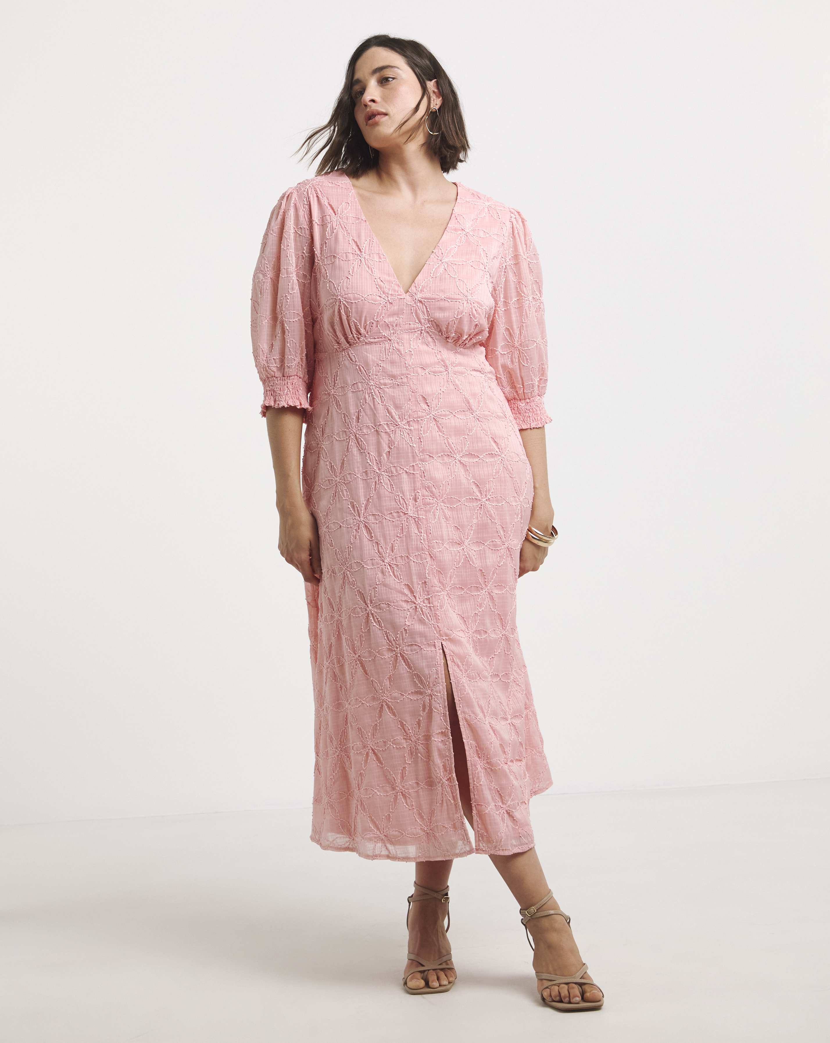 Simply Be - Women's Pink Embroidered Floral Button Up Midi D - Size 10 - Pink - 98% Polyester 2% Elastane