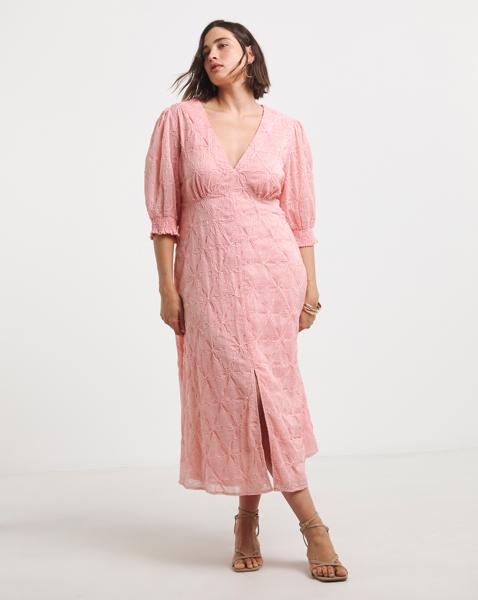 Simply Be Pink Embroidered Floral Button Up Midi Dress - Image