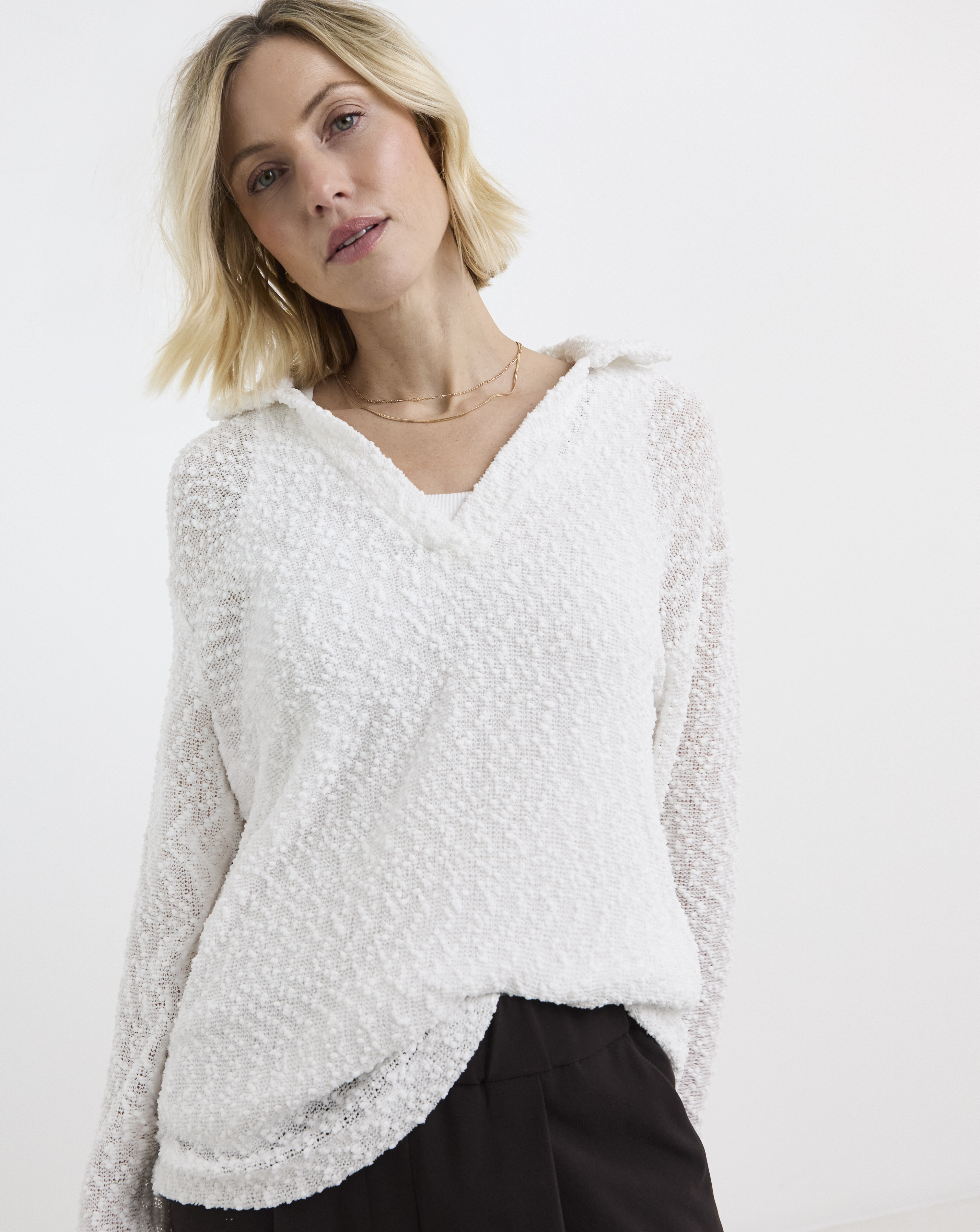 Boucle V-Neck Long Sleeve Top