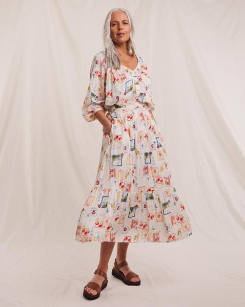 Julipa Postcard Print Crinkle Midi Skirt