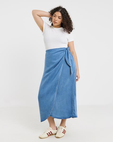 Simply Be Mid Wash Denim Wrap Midi Skirt