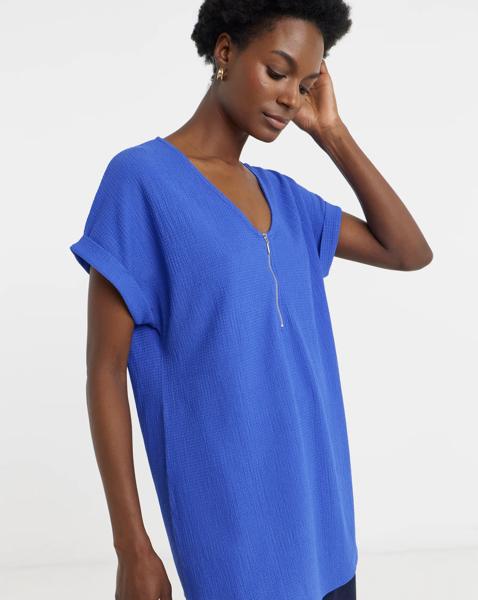 Textured V-Neck Zip Front Longline Top