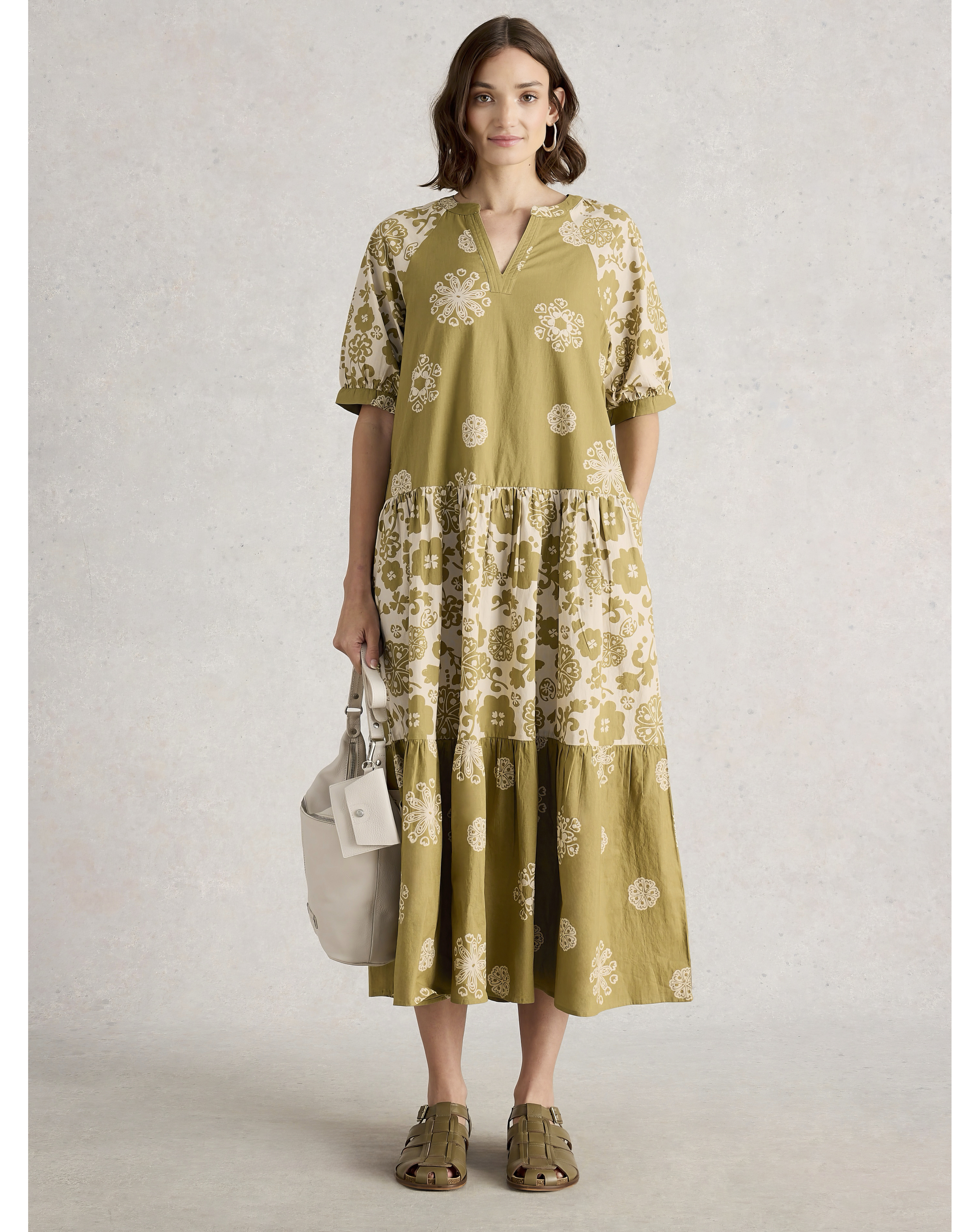 White Stuff Eva Mixed Print Midi Dress - Green - Size 8 - Women's - 100% Organic Cotton