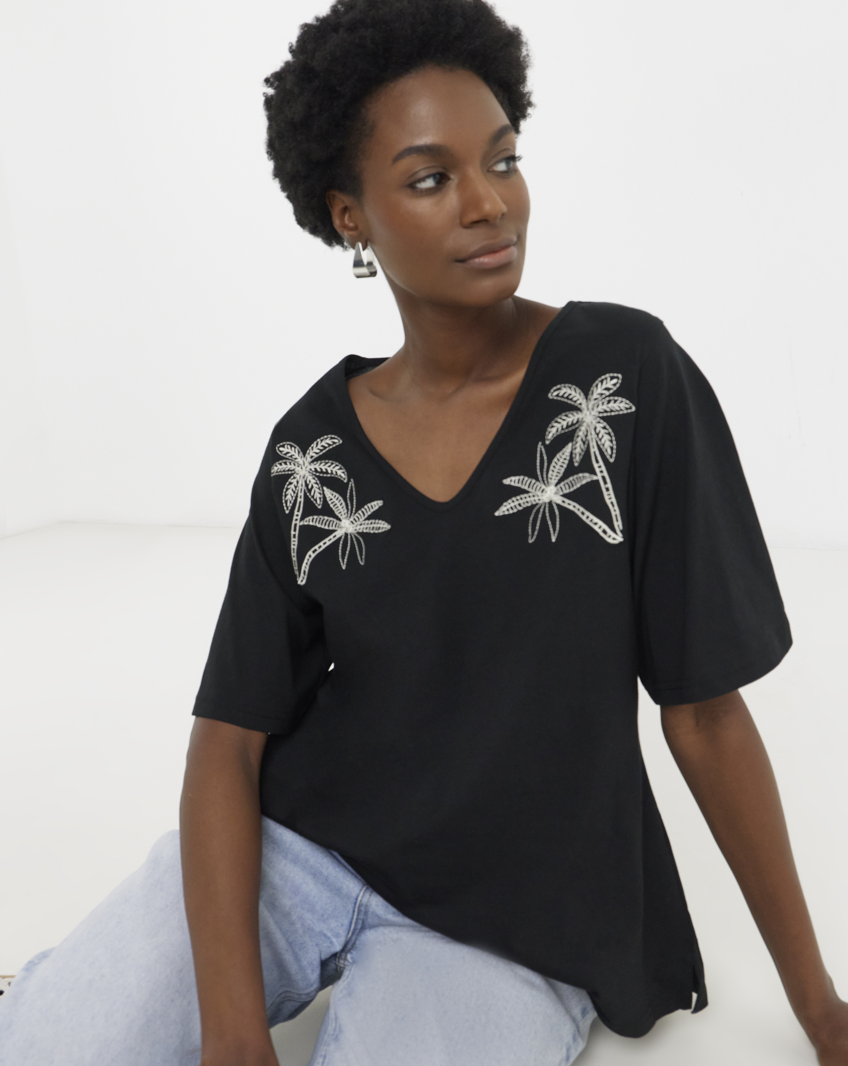 Embroidered Yoke Longline Top