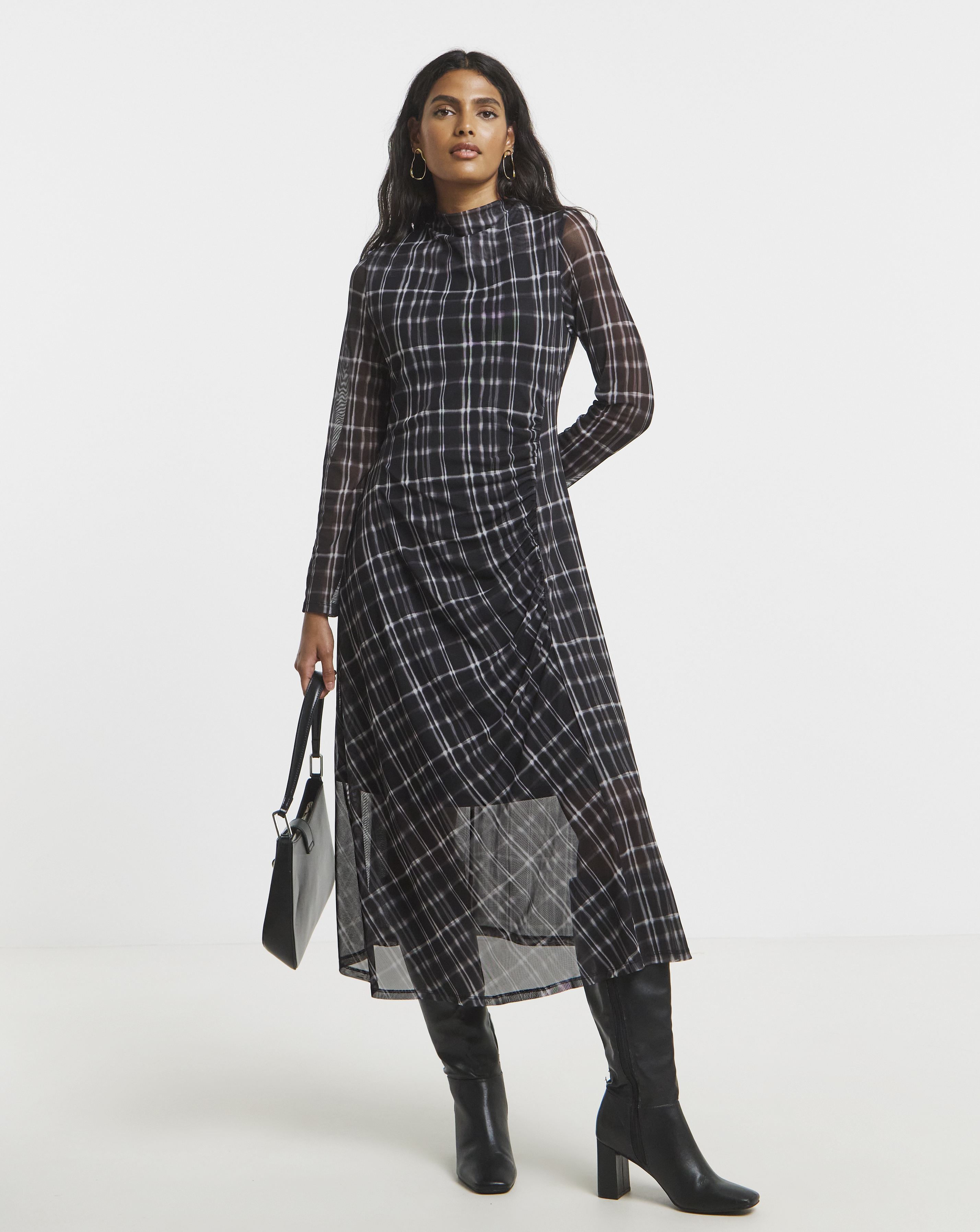Black Ruched Mesh Midi Dress