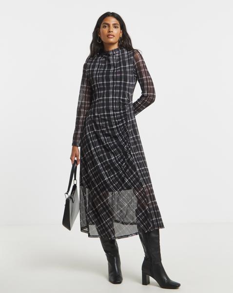 Black Ruched Mesh Midi Dress