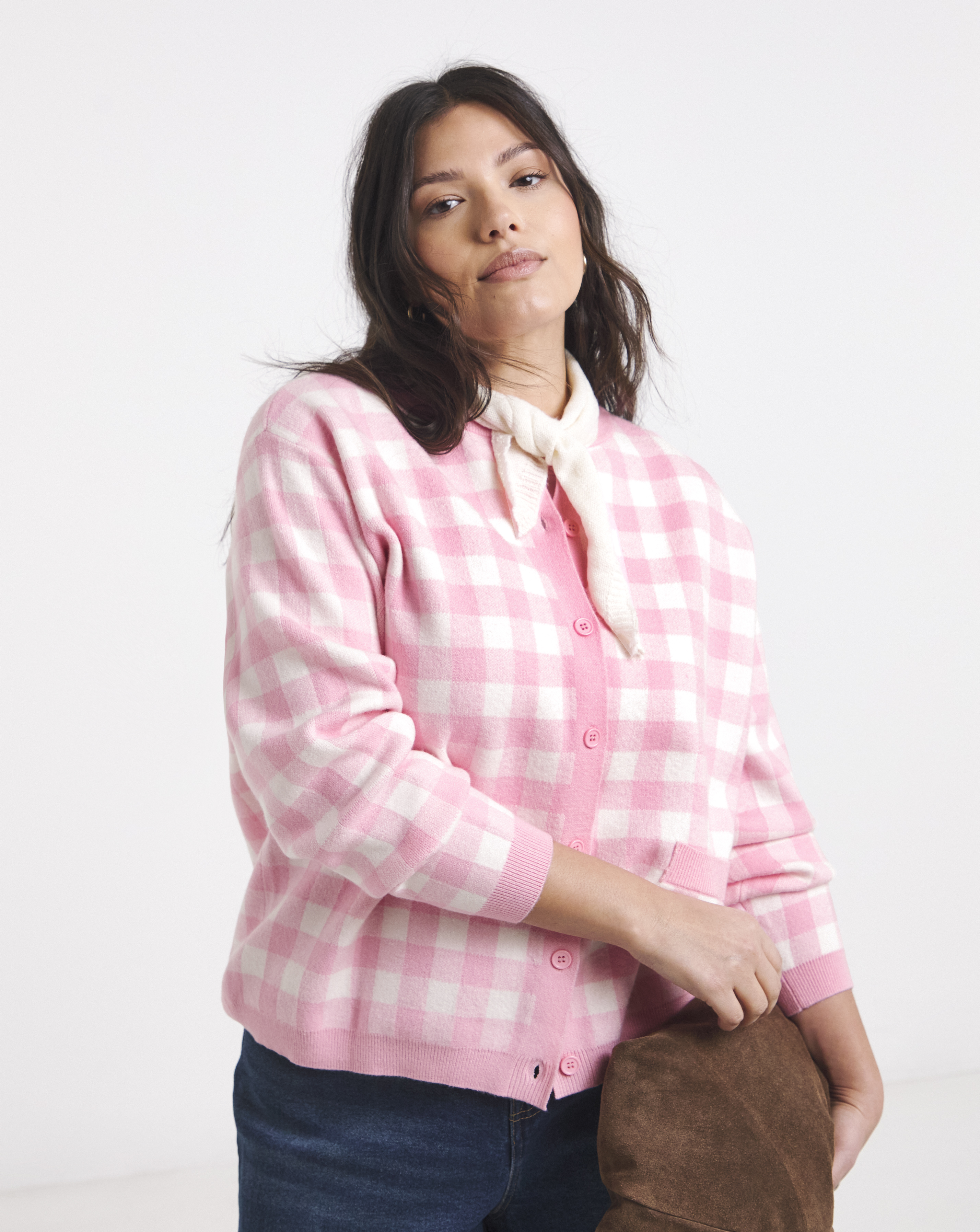 Gingham Crew Neck Cardigan