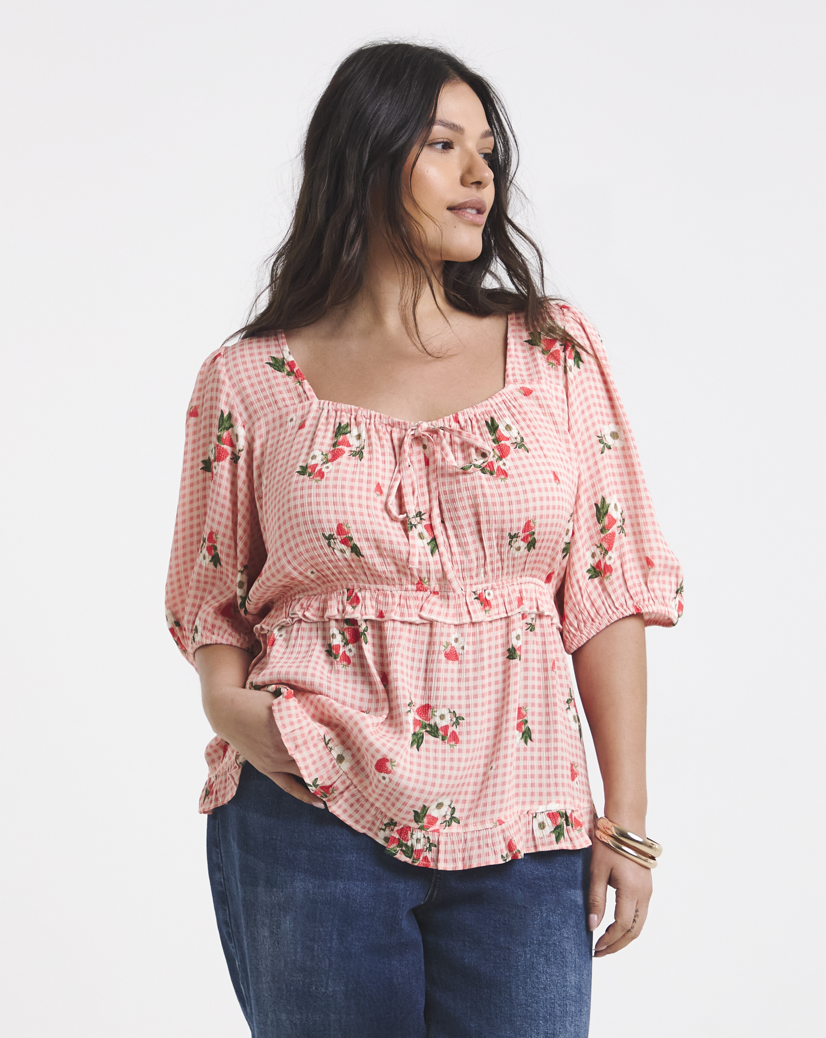 Pink Gingham Crinkle Milkmaid Blouse