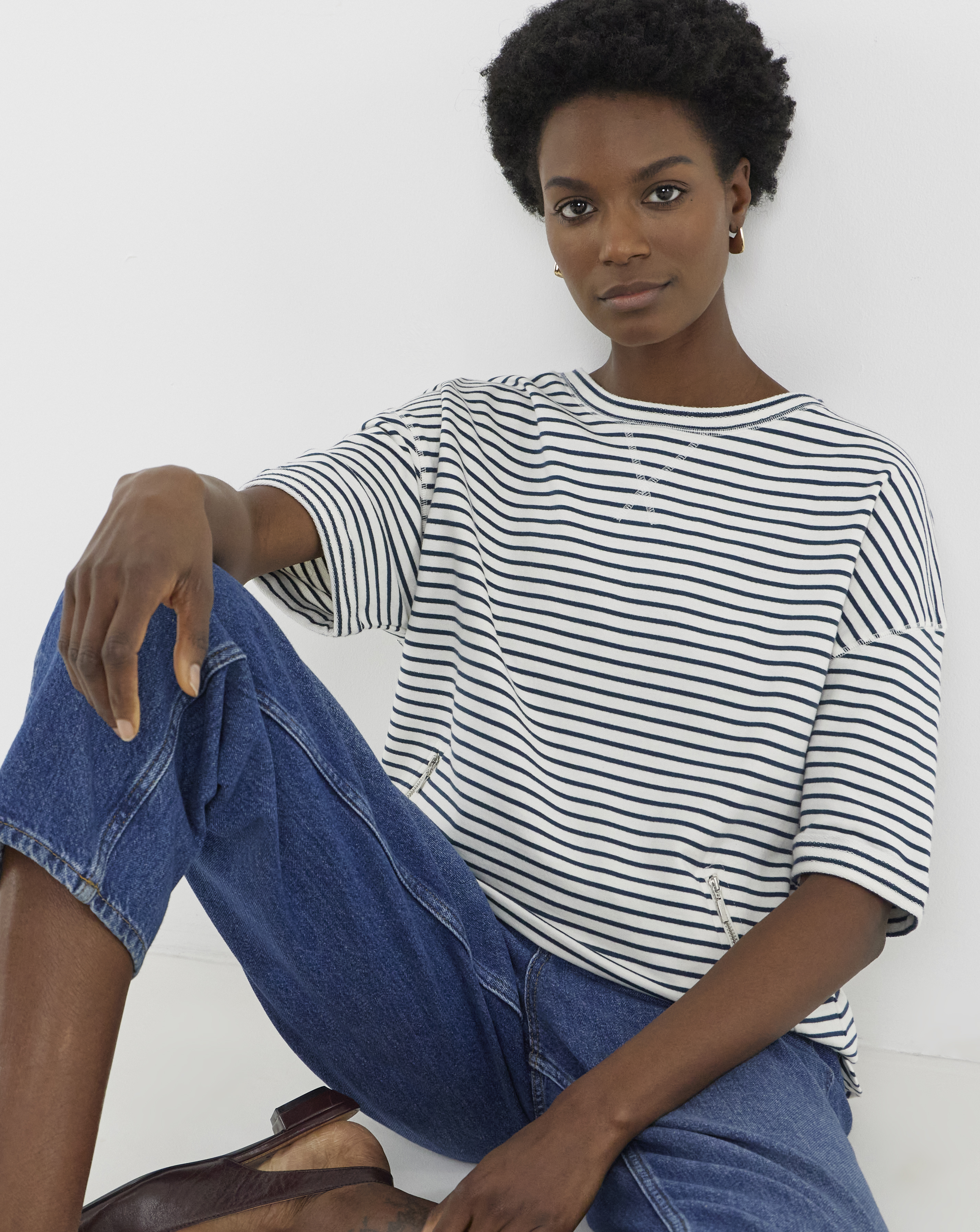 Stripe Longline Short Sleeve Sweatshirt