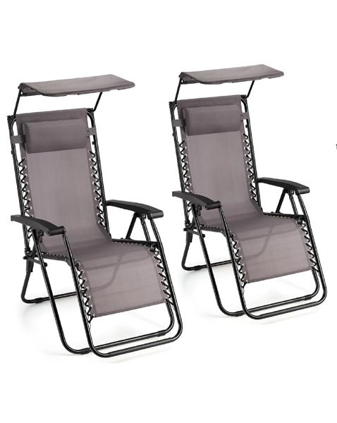 VonHaus Verona Grey Zero Gravity Reclining Garden Chairs with Canopy - Set of 2