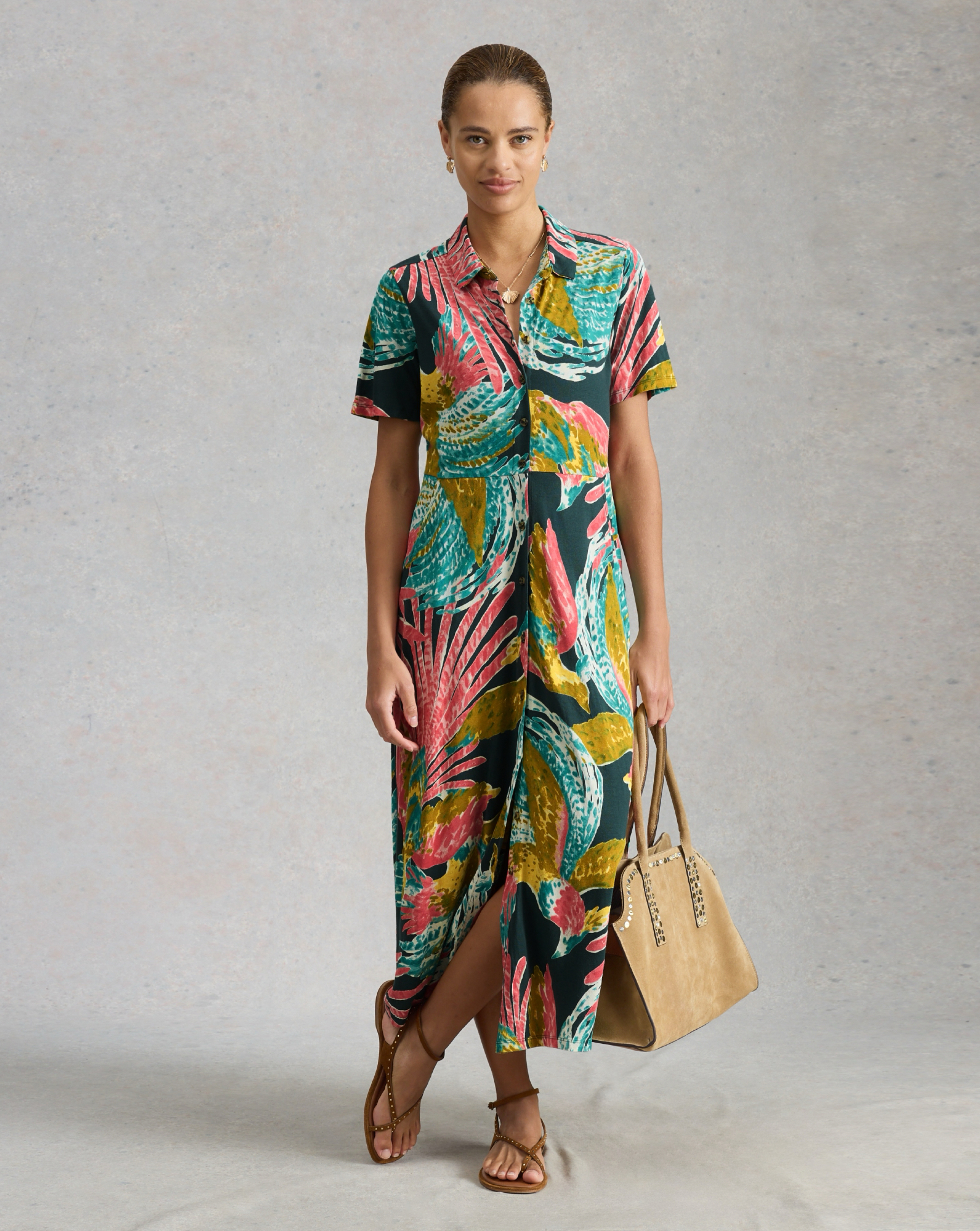 White Stuff Pink Multi-Coloured Rua Jersey Shirt Dress - Size 14
