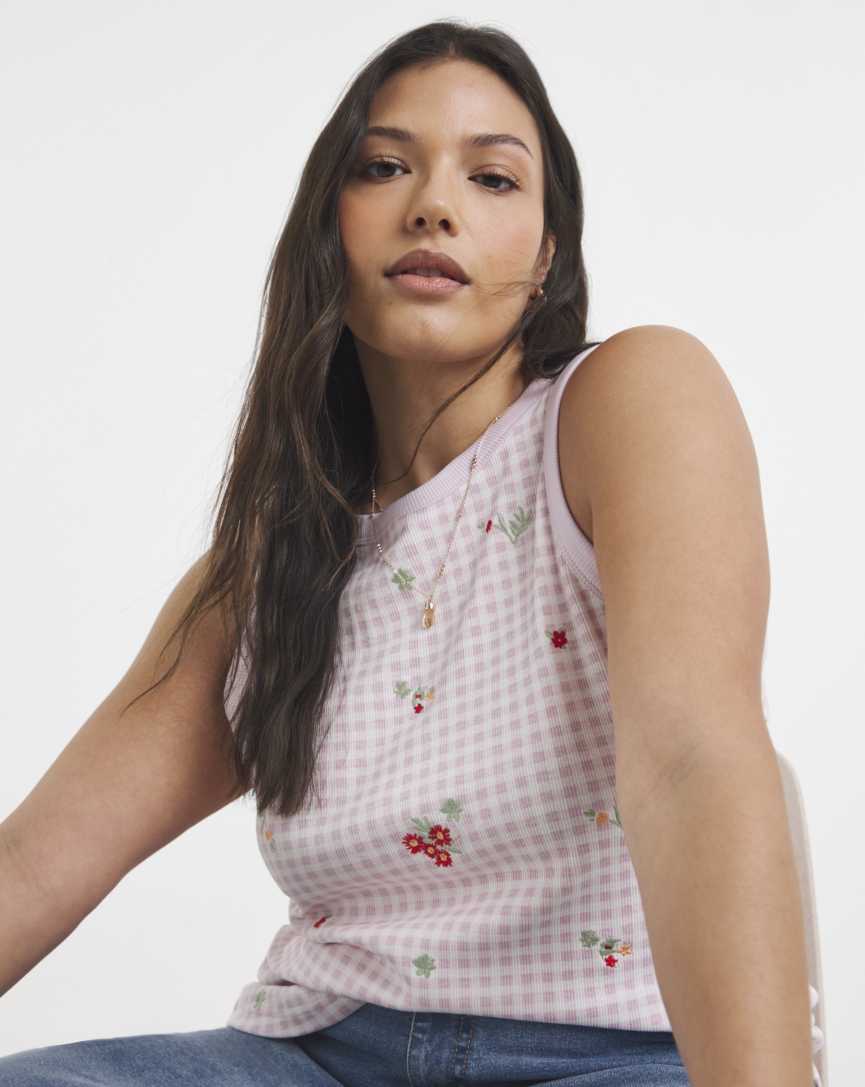 High Neck Embroidered Printed Tank