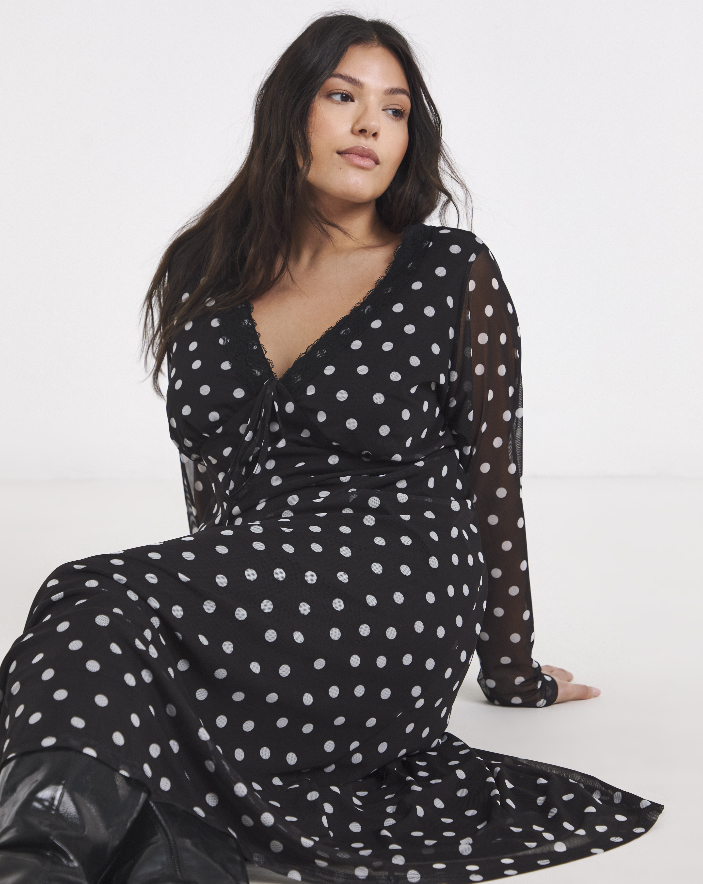 Mesh Lace Trim Midi Dress
