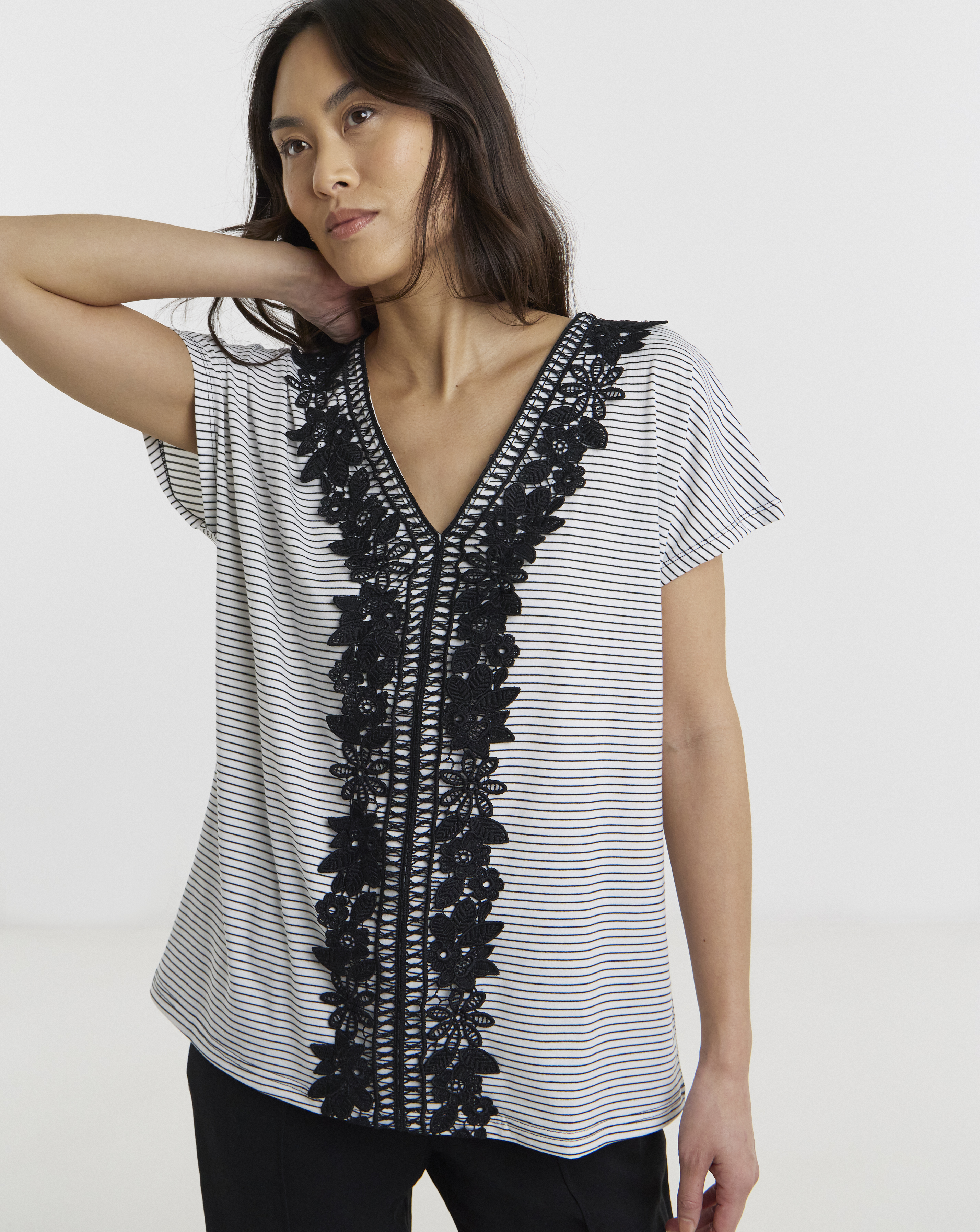 Stripe Lace Neckline T-Shirt