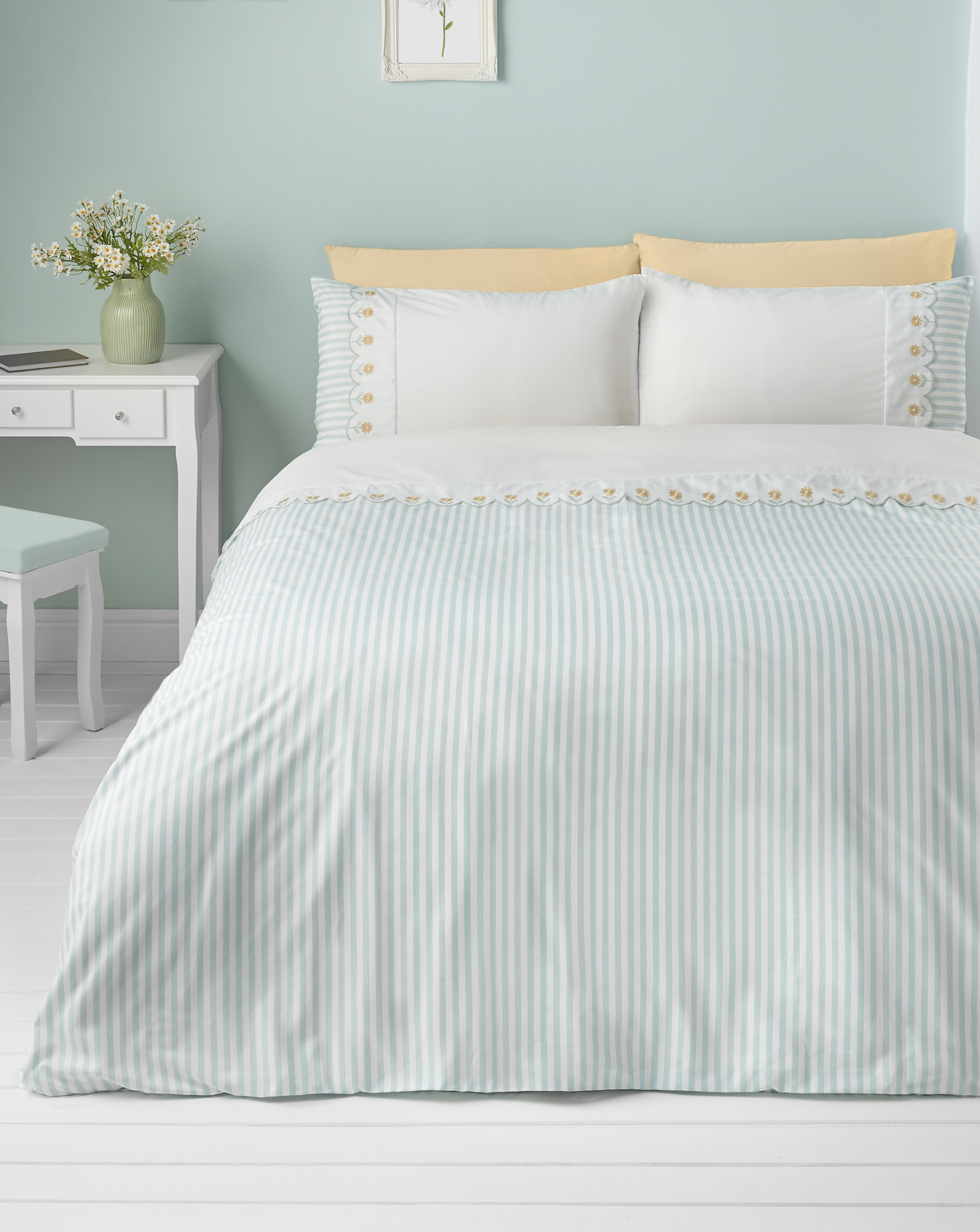 Rackhams Green Embroidered Daisy Soft Touch Duvet Cover Set Sage - Single - Sage - Image 7